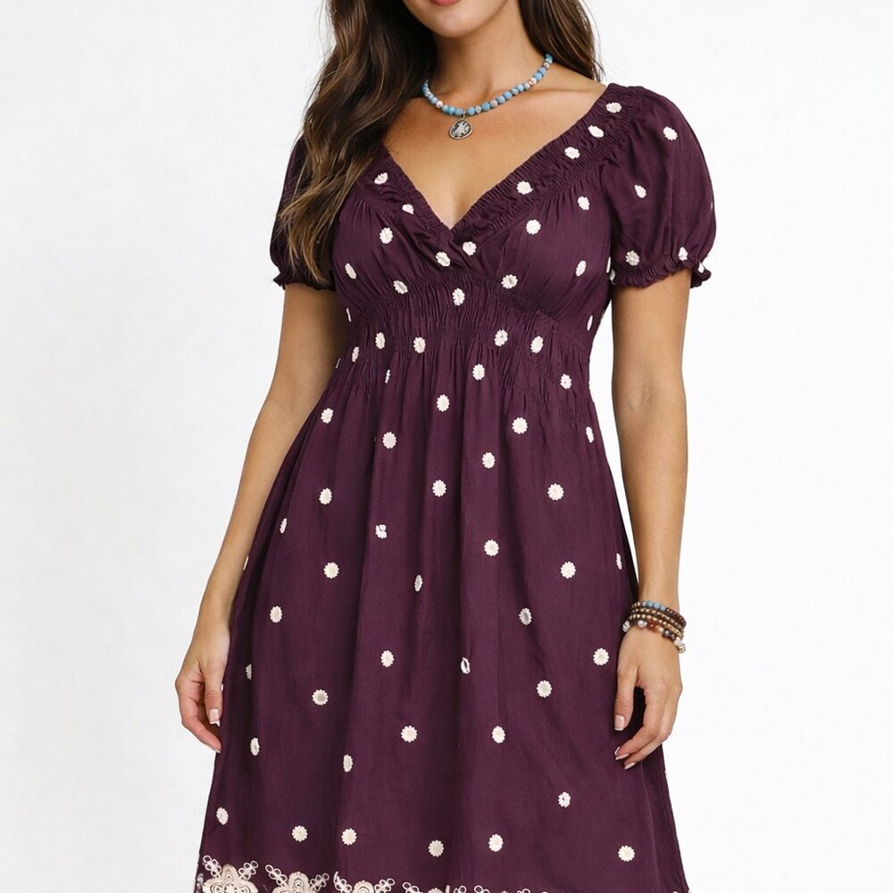 Baby Doll Dress‎ Boho Embroidered Flowers V-Neck Country Festival Purple Size XL